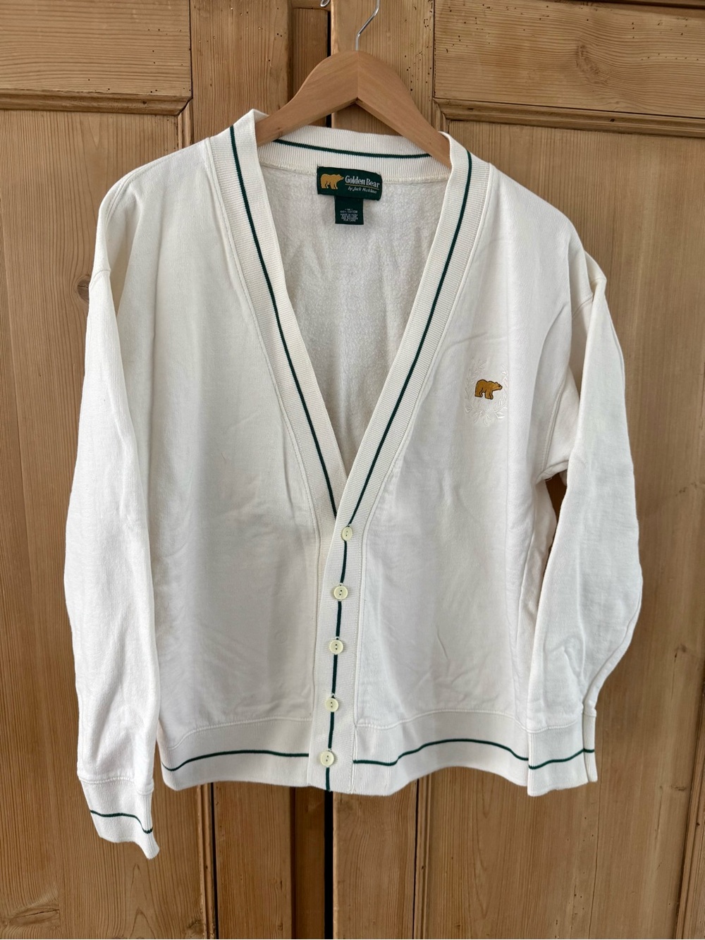 Vintage Men's Jack Nicklaus Golden Bear Ivory Cardigan with Dark Green Accent